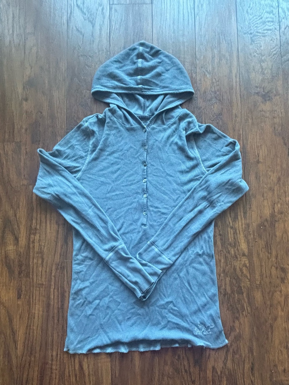 Vintage American Eagle Outfitters Blue Hooded Henley Zip-Up Sweater